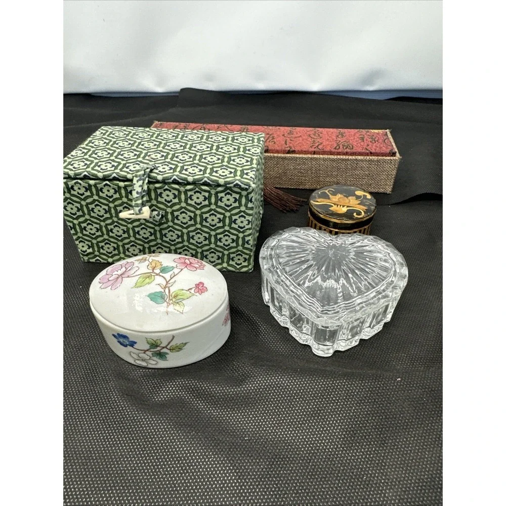 Lot Of 5 Trinket Boxes Glass Heart, Wood Box, Toscany Ceramic, Asian Cloth